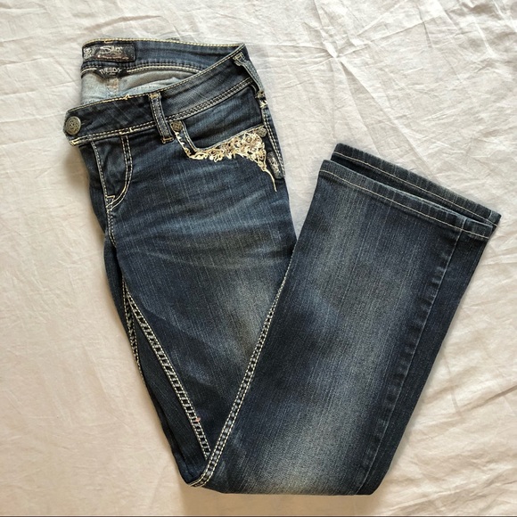 Silver Jeans Tuesday Lace Crystal Stud Detail Dark Wash Bootcut Jeans Size 28